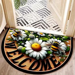 Non-Slip Rugs, Unique Flower and Welcome Language Half Round Design Door Mat, Muddy Dirt Trapping, Clean Rugs Indoor Outdoor Entry Decoration for Home, Garage, Patio