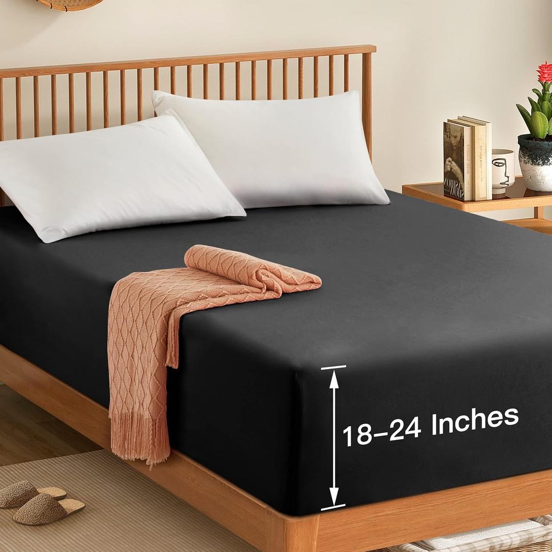 Manyshofu Cal King Extra Deep Pocket Fitted Sheet Only - 1800 Thread Count Hotel Deep Fitted Sheet Up to 24 Inches Mattress, Charcoal Black Bottom Sheet 18-24 Inch Deep Cal King Mattress Sheets