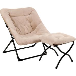 Comfy Saucer Chair for Adults, Soft Faux Fur Bedroom Chair with Ottoman, Accent Dorm Chairs, Living Room Reading Chairs and Footstool, Folding Lounge Seat for Teens, X-Large, Light Khaki