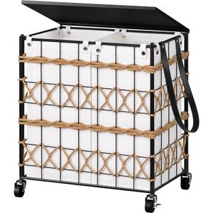 Double Laundry Hamper with Wheels and Lid, 120L Handwoven Laundry Basket