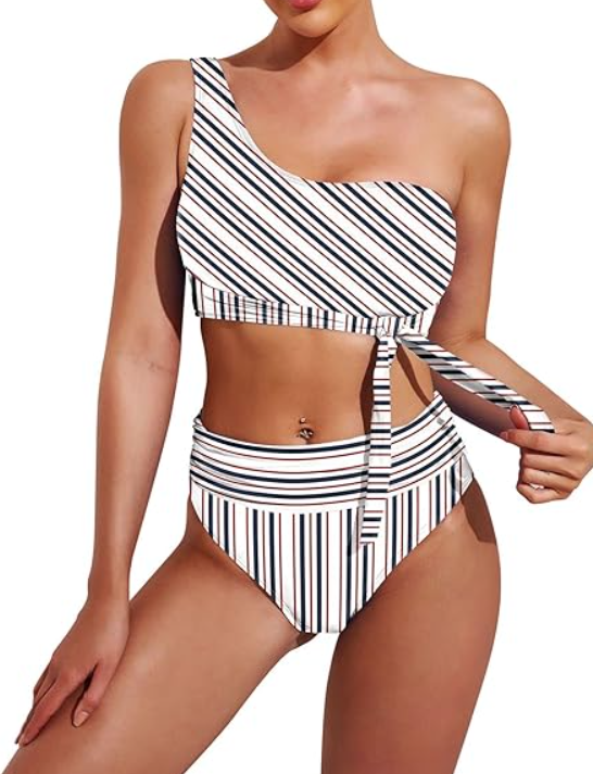Pink Queen Women's One Shoulder High Waisted Bikini Set Two Piece Tie Ruched Swimsuit (White,Small)