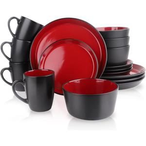 Plates and Bowls Sets, 16 Pieces Dinnerware Sets, Dishes Set for 4, Christmas, Kitchen Set is Home Essentials, Black & Red