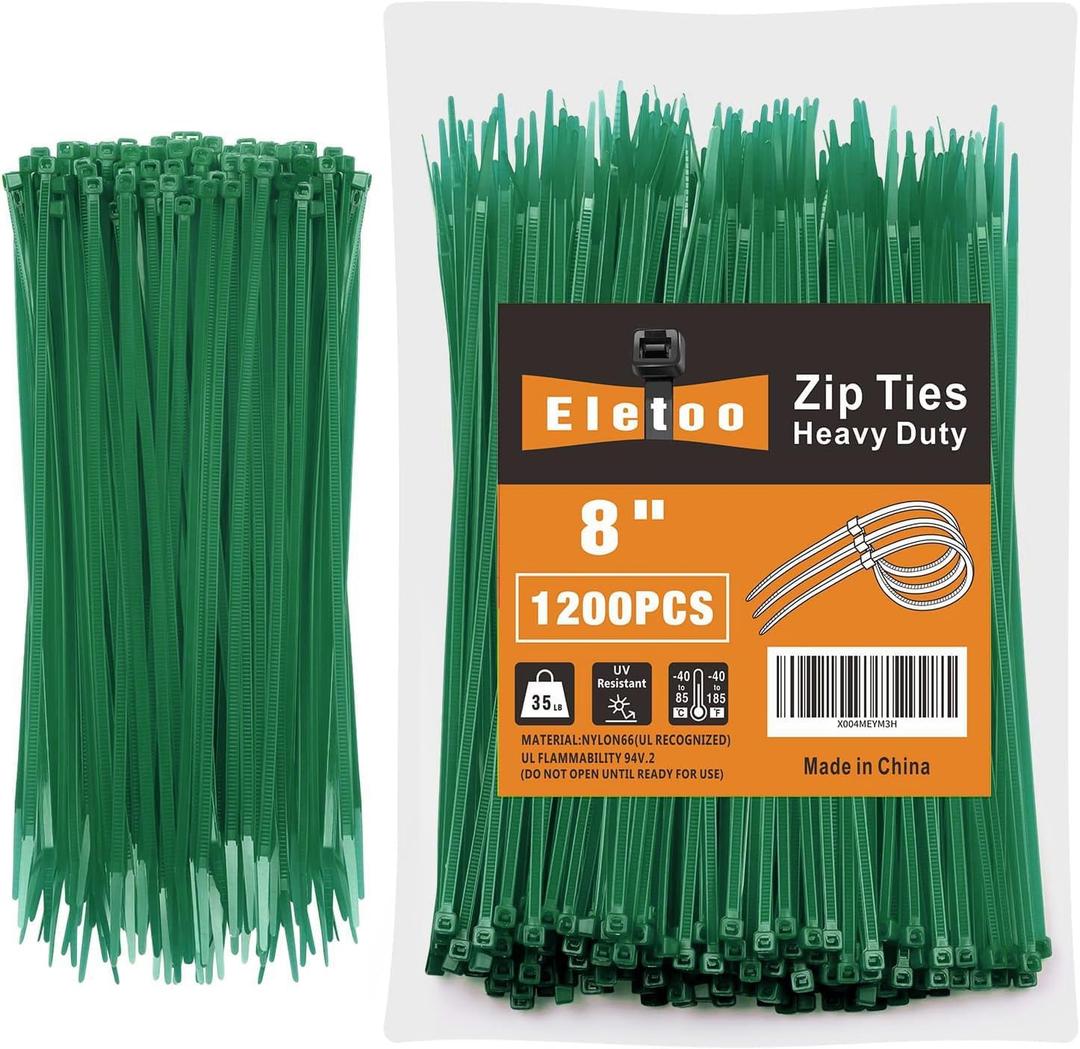 8 Inch garden green Zip Ties (1200 Pack), 35 LBS Tensile Strength, Self-Locking Nylon PA66 UV Resistant Cable Ties for Indoor and Outdoor Use