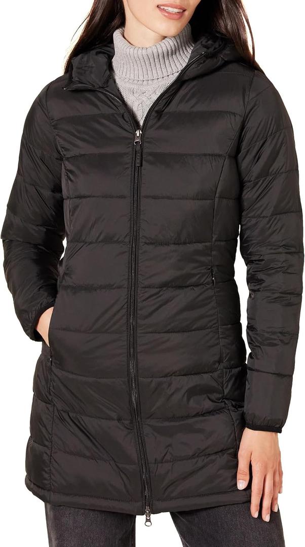 Womens Lightweight Water-Resistant Packable Hooded Puffer Coat, Medium, Black