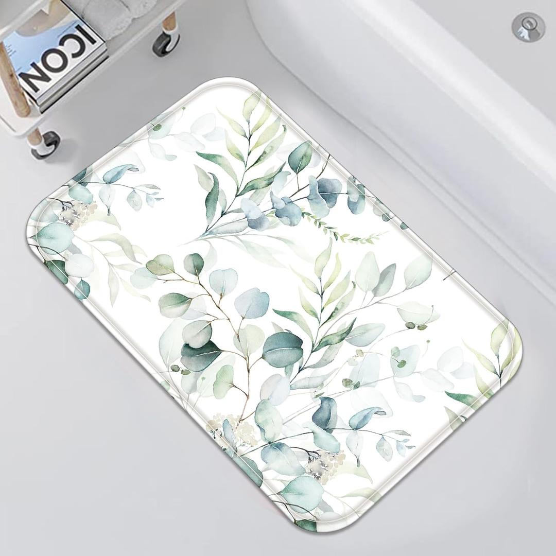 Accnicc Eucalyptus Leaf Bathroom Rugs Mat Sage Green Spring Botanical Watercolor Plants Bath Rug 24 x 20 in Water Absorbent Non Slip Washable Shower Mat Memory Foam Bath Mats for Bathroom Decor, 1'8" x 2' (Rectangular)