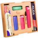 6 IN 1 Bamboo Baggie Organizer for Drawer with Labels, Expandable Storage Bag Organizer with Aluminum Foil and Saran Wrap Cutter Compatible with Quart, Gallon, Sandwich and Snack Size Bags