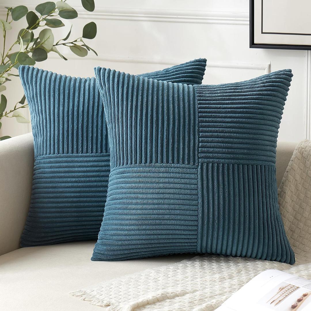ANRODUO Pack of 2 Dusty Blue Corduroy Pillow Covers 18x18 Inch Boho Decorative Spliced Throw Pillow Covers Soft Couch Pillowcases Cross Patchwork Textured Cushion Covers for Sofa Bed Living Room Decor