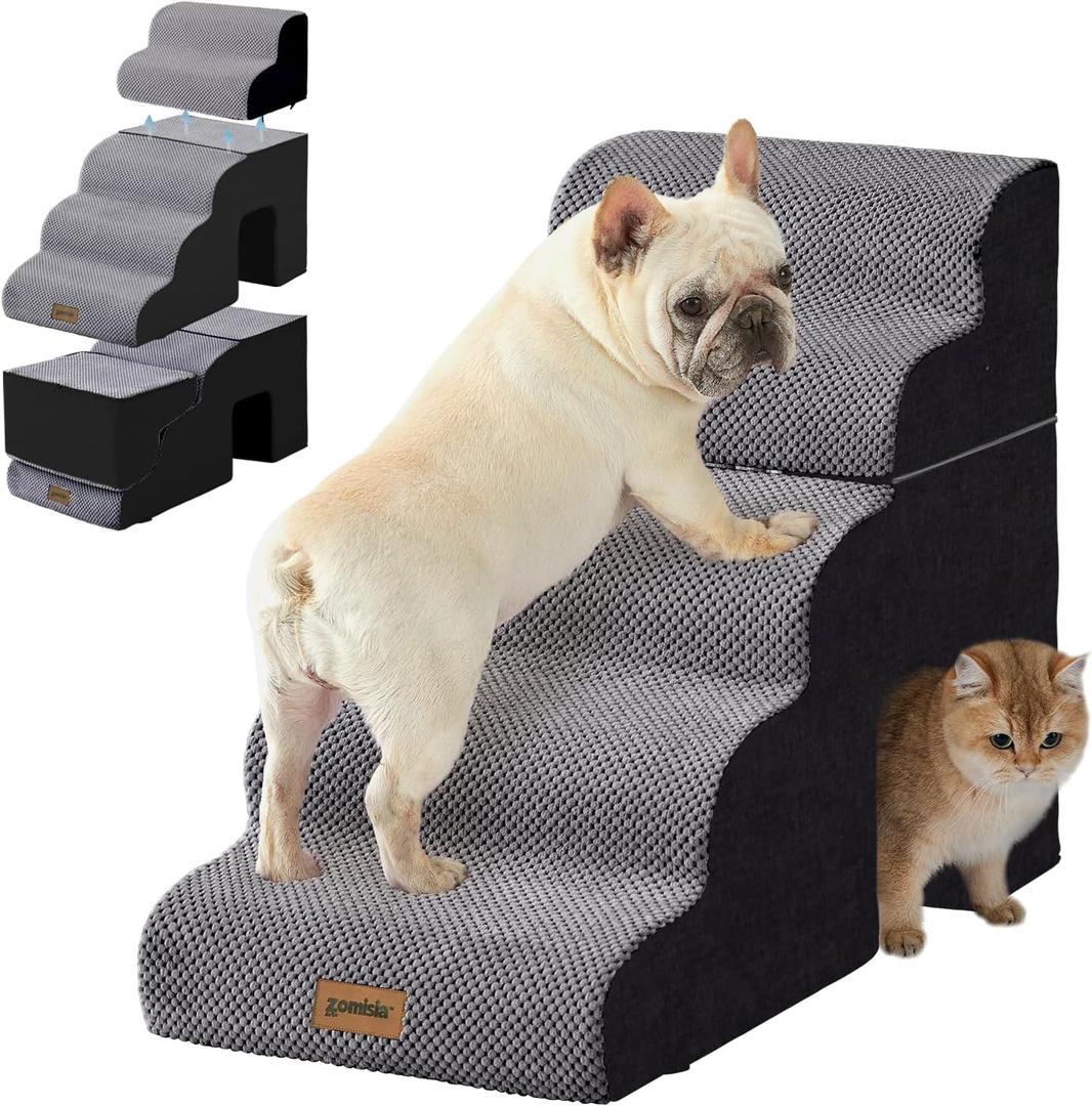 Dog Ramp for Large Dogs - 5 Steps 24" H Pet Stairs for High Bed with Tunnel 2 in 1 with Zippers Suitable, Indoor Cat Ladders with Non-Slip Bottom, Black