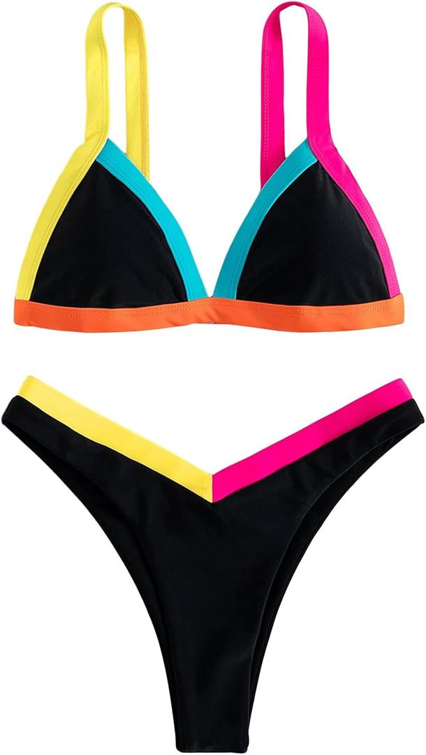 SweatyRocks Women's Colorblock Swimsuit High Cut Triangle Bikini Sets Two Piece Bathing Suit (Medium, Black)