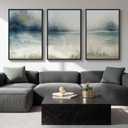 Large Framed Abstract Nature Landscape Wall Art for Living Room, 3 Piece Blue Watercolor Canvas Prints Paintings Artwork for Walls, Misty Lake Mountain Pictures for Hallway Office Wall Decor 24x36 In
