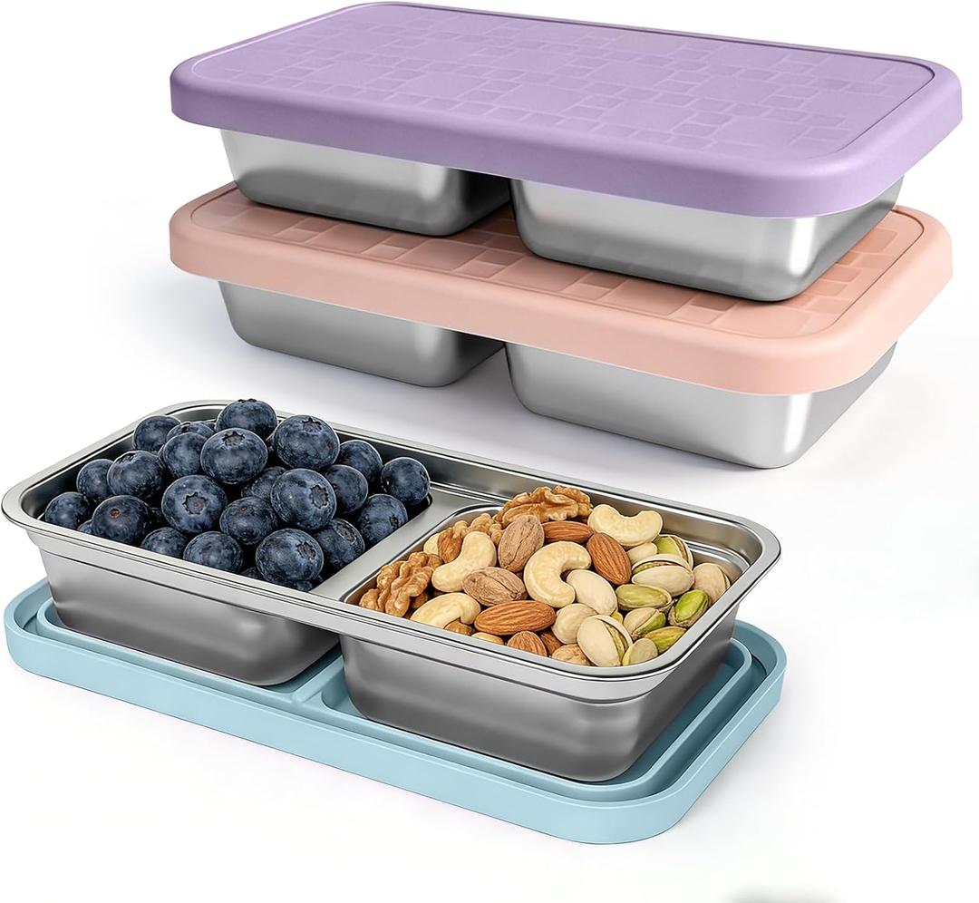 3 Pack Stainless Steel Snack Containers for Kids, Reusable Snack Containers with Silicone Lids, 2 Compartment Toddler Snack Containers for Daycare, School Lunch and Travel, 15 oz