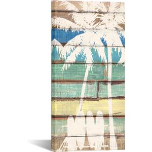 KREATIVE ARTS Canvas Print Wall Art Tropical Palm Tree Island on Wood Panels Nature Wilderness Surfboard Beach Painting Coastal Picture Digital Art Realism Chic for Living Room 20x40 Inches