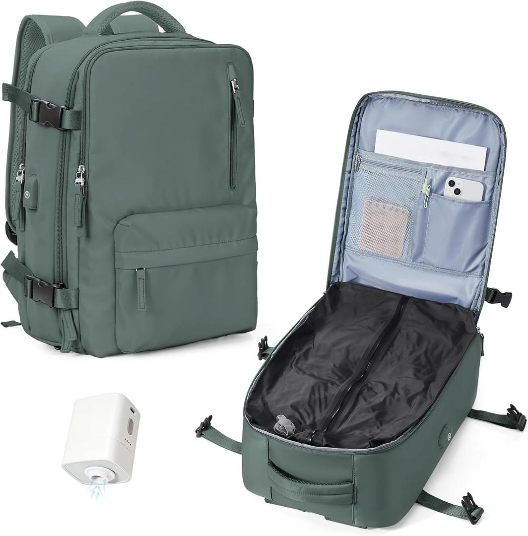 WONHOX Vacuum Seal Backpack for Travel with Air Pump Compression Daypack Personal Item Carry on Flight Approved Vacpack Laptop Space Saver Bags Storage with Vacuum System Travel Bag Women Men Green
