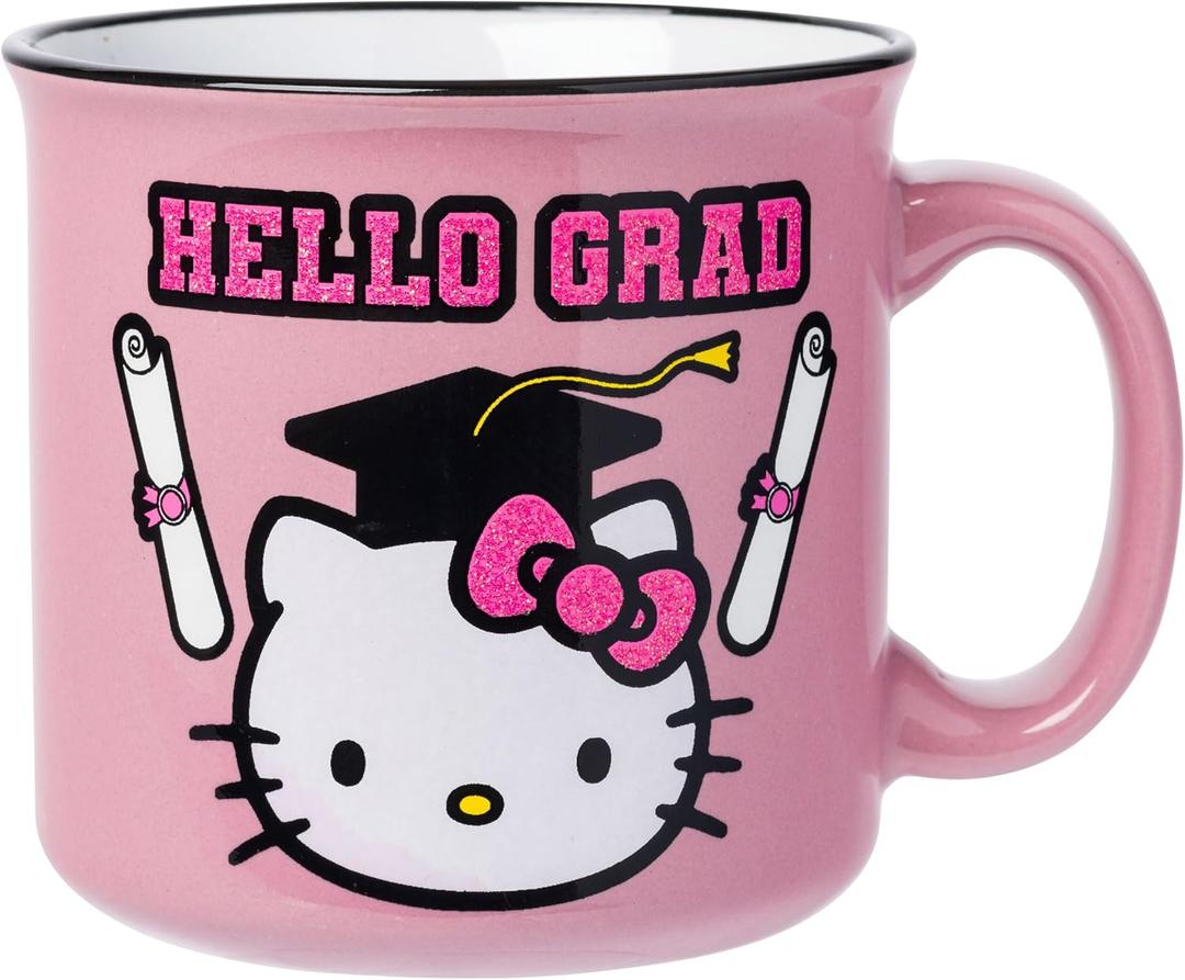 Silver Buffalo Sanrio Hello Kitty Hello Grad Graduation Glitter Ceramic Camper Mug, 20 Ounces