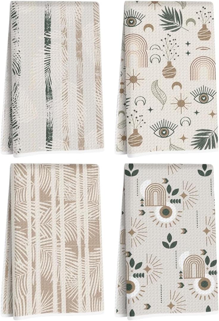 4 Pcs Bohemian Leaves Kitchen Towels, Vintage Decorative Absorbent Microfiber Dish Cloth Tea Towel, Minimalist Art Waffle Soft Hand Towels for Farmhouse Home Bathroom