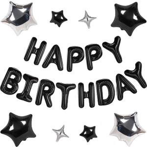 CANREVEL Happy Birthday Banner 13pcs 16 Inch Mylar Foil Letters Sign with 8pcs Star Balloons Birthday Party Decorations for Kids and Adults - 3D Black