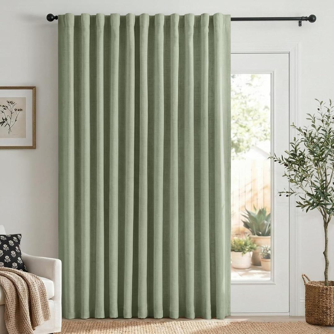 100% Blackout Shield Linen Blackout Sliding Door Curtains for Living Room, Back Tab/Rod Pocket Thermal Insulated Curtains for Sliding Glass Doors, 1 Panel Set, 100" W x 90" L, Sage