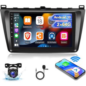 [2G+64G] Car Radio for Mazda 6 Atenza 2007-2012, Android 13 Touch Screen Car Play Stereo, Carplay/Android Auto/EQ Audio/Bluetooth/SWC + AHD Backup Camera