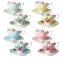 BTaT Floral Tea Cups and Saucers Set of 8 (8 oz), Porcelain Tea Cup Sets, Assorted Colors with Gold Trim & Gift Box, Dishwasher Safe