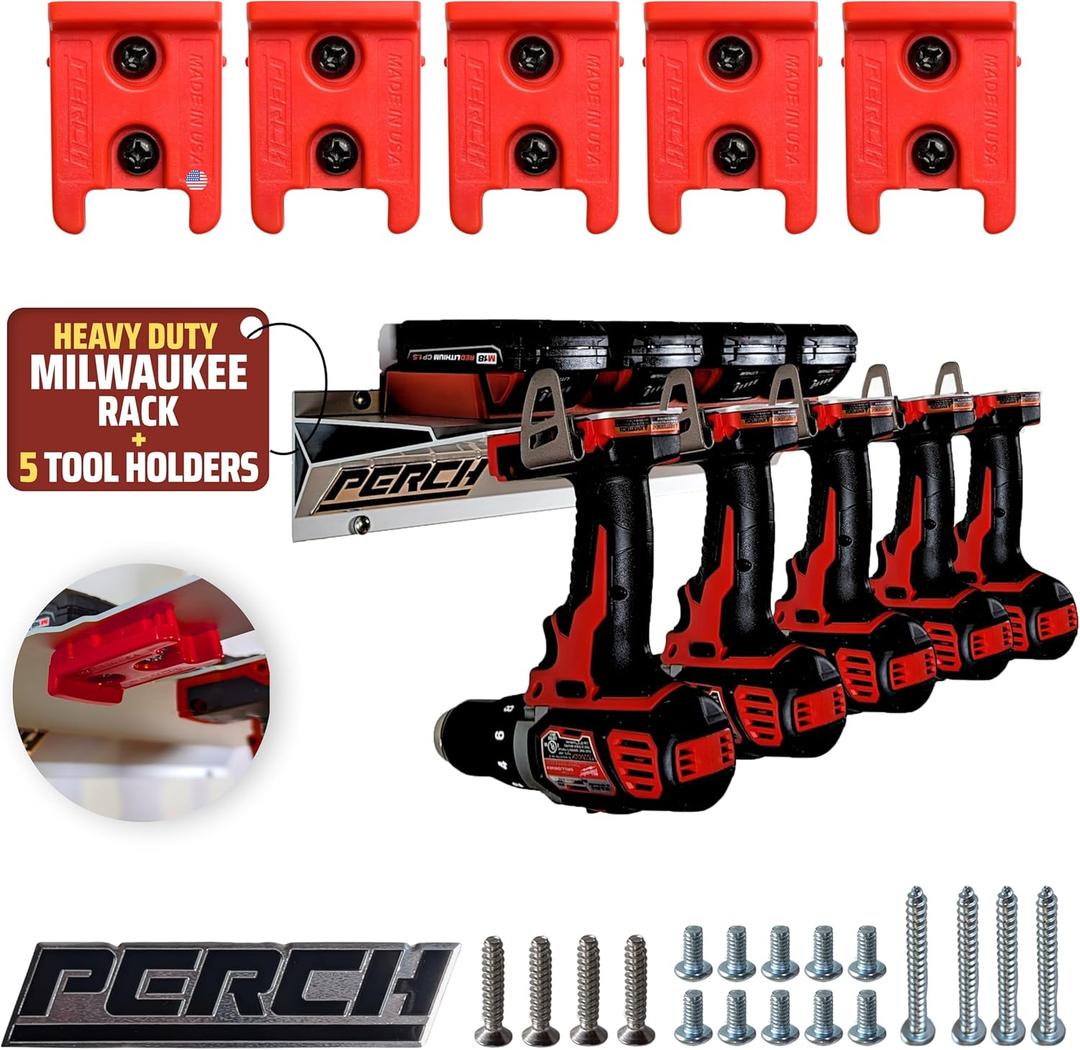 PERCH Tool Holder Rack for Milwaukee M18 18v | Securely Mounts 5 Cordless Tools | Universal Mounting | Most Durable Cordless Tool Organizer