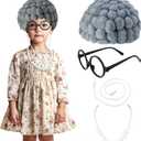 Kids Old Lady Costume Set Old Granny Wig Halloween100th Day Of School for Kids 3-8 (Gray)