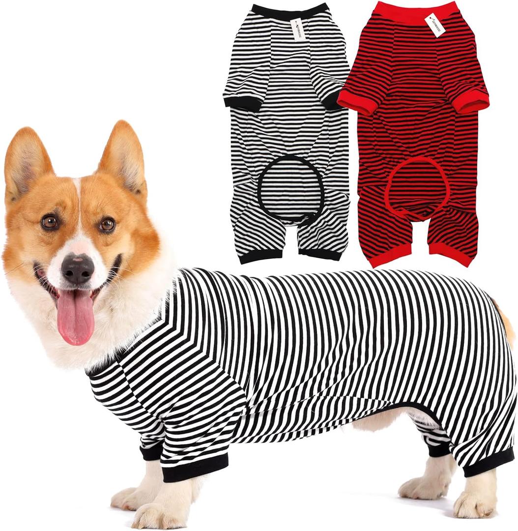 Dog Pajamas Cotton Striped Pup Jumpsuit, Breathable 4 Legs Basic Pjs Shirts for Puppy and Cat, Super Soft Stretchable Dog Jammies for Boys and Girls (XX-Small, Black Red+Black)