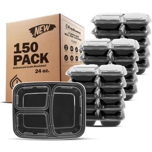 Freshware Meal Prep Containers [150 Pack] 3 Compartment with Lids, Food Storage Containers, Bento Box, BPA Free, Stackable, Microwave/Dishwasher/Freezer Safe (24 oz)