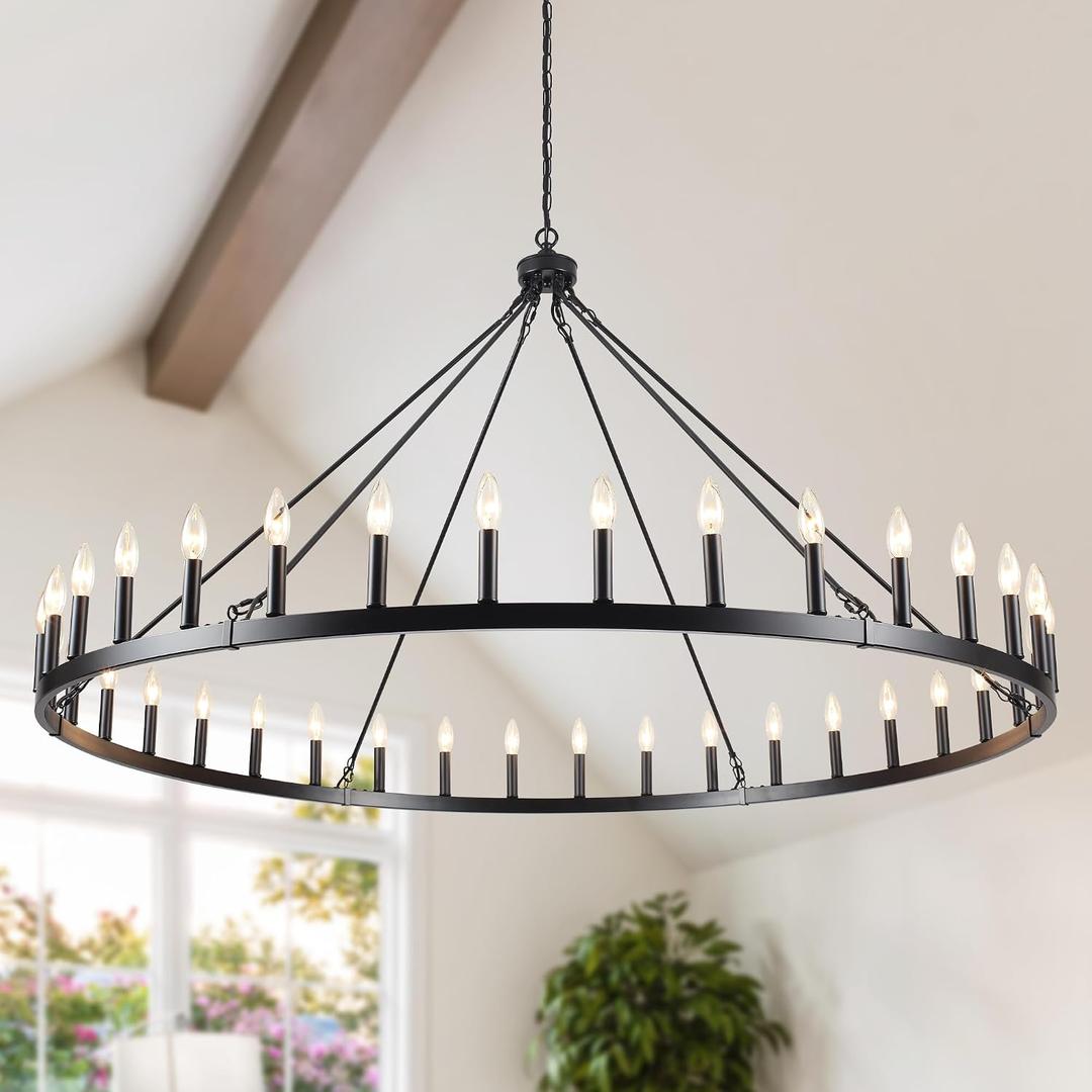 60" Black Wagon Wheel Chandelier 36 Light Large Farmhouse Chandeliers for High Ceiling Hanging Modern Round Pendant Lighting Fixture for Living Room Foyer Entryway Dining Room Kitchen