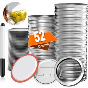 52 PCS Mason Jar Lids and Rings Regular Mouth, Reusable Canning Lids for Mason Jars, Food Grade Material Fit & Airtight, Lids for Mason Jars Complimentary whiteboard marker