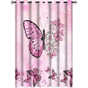 Pink Fantasy Butterfly And Flowers Blackout Curtains for Bedroom,Abstract Modern Art Colorful Butterfly Girls Room Decor Grommet Thermal Insulated Room Darkening Window Curtains 2 Panels 63L x 21W