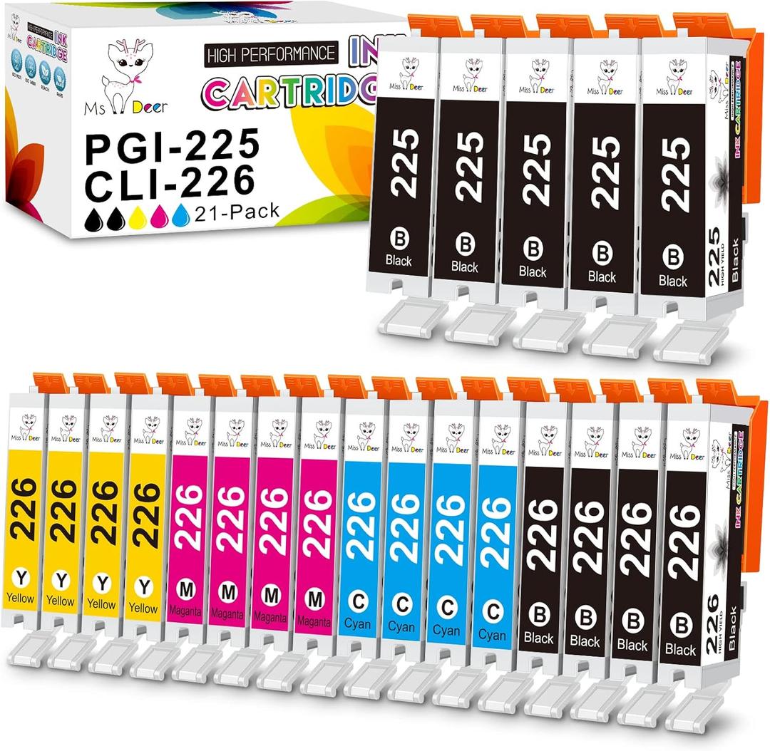Miss Deer 21-Pack Ink Cartridges 225 and 226, Compatible Replacement for Canon PGI-225 CLI-226 for MG6220 MG6120 MG5320 MG5220 MX882 MX892 (5 Large Black, 4 Small Black, 4 Cyan, 4 Magenta, 4 Yellow)