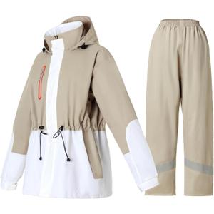 Rain Suit for Women Waterproof Hooded Rain Gear Rain Jacket and Pants 2 Piece Breathable Rain Coat Outdoor (Large, Khaki)