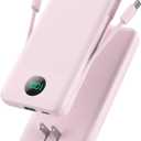 GKUTW Portable Charger 13800mAh Slim USB C Power Bank with Built in Cables and Wall Plug, LCD Display Lightweight Travel Battery Pack, PD Fast Charging Compatible with iPhone 15, 14, Samsung Android-Pink