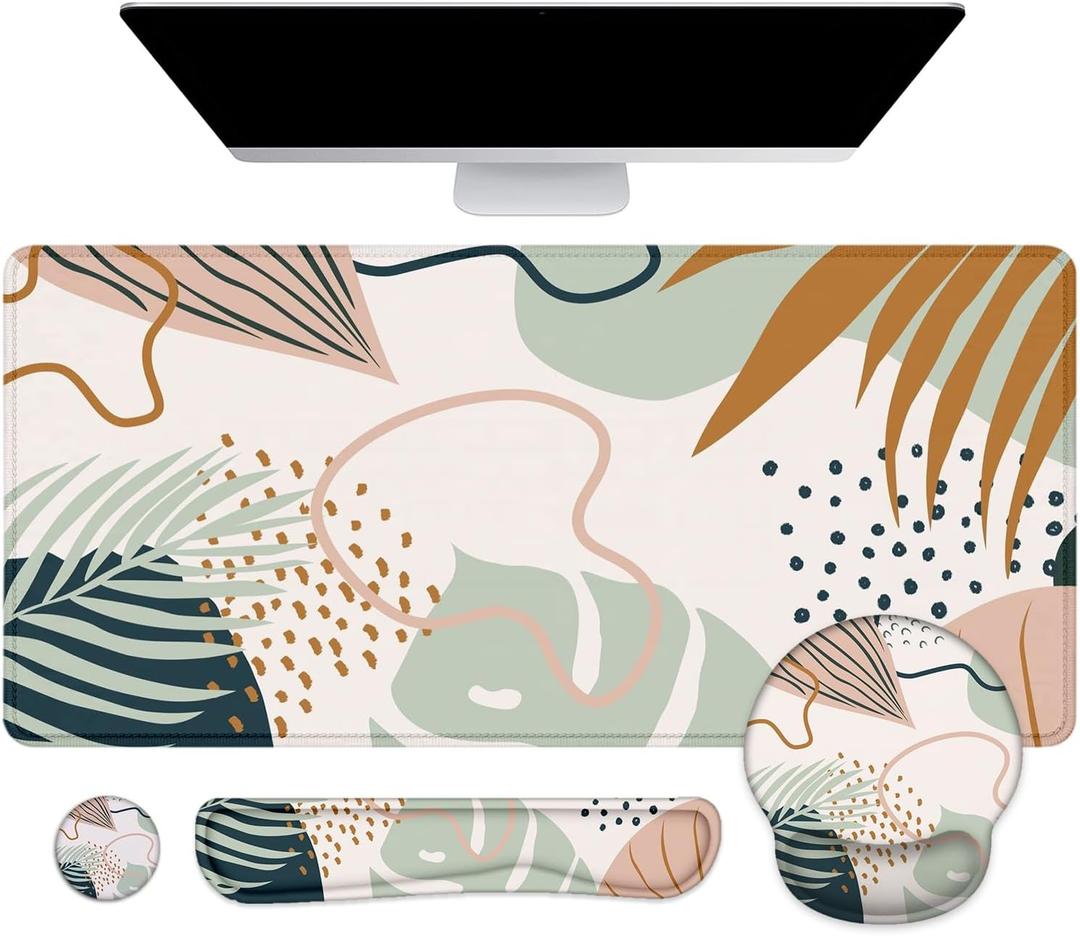 LATEEFAH Mouse Pad with Wrist Rest, Large Mouse Pad, Ergonomic Gaming Desk Pad Keyboard Wrist Rest Set, 4-in-1 Desk Mat Keyboard Mat for Home, Office (Tropical Leaves)