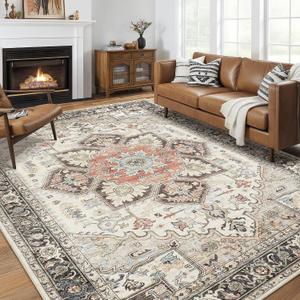 Area Rug 9x12 for Living Room, Medallion Printed Ultra-Thin Soft Large Carpet, Oriental Non Slip Big Washable Fade Stain Resistant Rugs for Bedroom Dining Room Home Office Decor