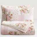 Chezmoi Collection Rosy 3-Piece Printed Patchwork Cotton Quilt Set, Oversized King - Pink Flower Floral Striped Polka Dots - Stone Washed Lightweight Bedspread