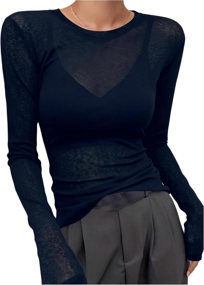 RoseSeek Women's See Through Mesh Tops Crew Neck Long Sleeve Basic Shirts Sheer Tight Tees (L)