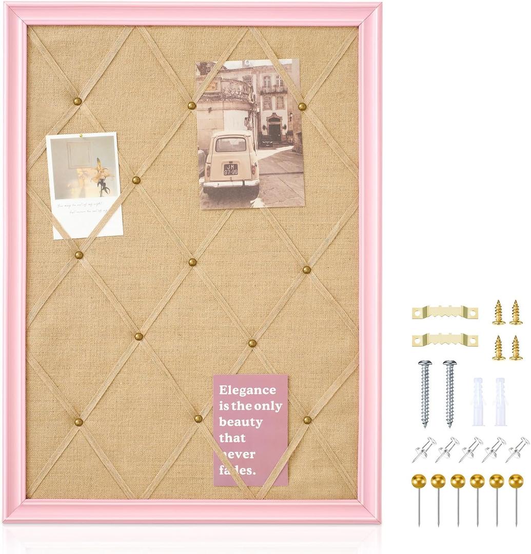 DoubleFill Pink Bulletin Board 21" x 27" Pink Linen Fabric Decorative Board Hanging Memo Boards with 20 Pushpins for Women Office Large Cork Bulletin Boards for Home & Office Wall Decor Photos Display, 29.5" x 20.5"