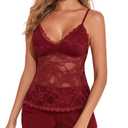 YYA Sexy Lace Pajamas for Women Set Pajama Short Set Cami&Shorts V Neck Night Lingerie Sleepwear, Wine Red XXL (XXL)