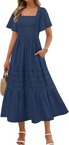 MEROKEETY Women's 2025 Summer Flowy Midi Maxi Dress Short Sleeve Square Neck Smocked Tiered Ruffle Boho Dresses with Pockets (XL, Navy)