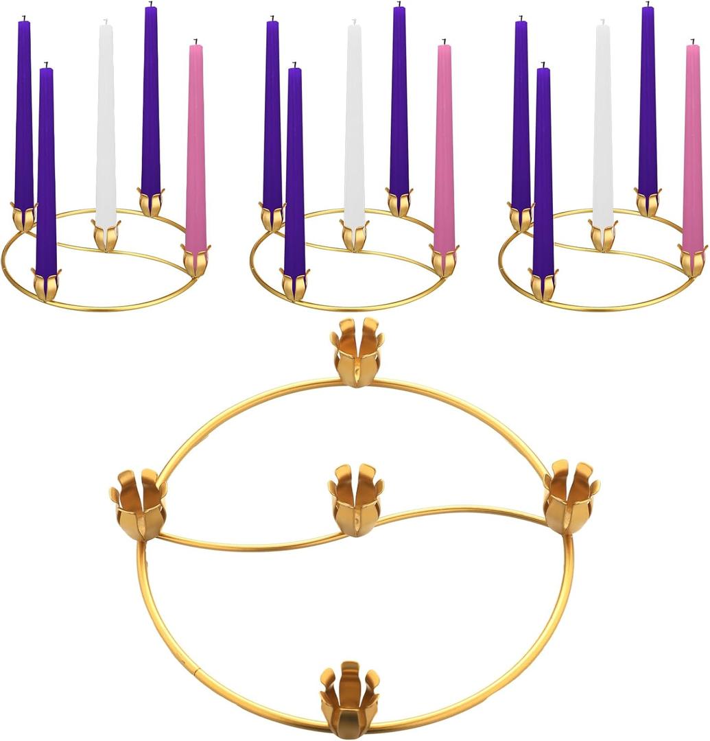 Sliner 4 Pcs Christmas Flower Advent Wreath Ring 5 Candle Holder Taper Gold Advent Ring Metal Candle Holder Table Decoration for Xmas Festival Home Centerpiece Decor