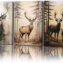 3 Piece Deer Canvas Wall Art Forest Elk Picture Wall Art Animal Wildlife Woodland Painting Prints Living Room Decor Framed(Animal-2,16x24inchx3 Pieces (40x60cmx3 Pieces))