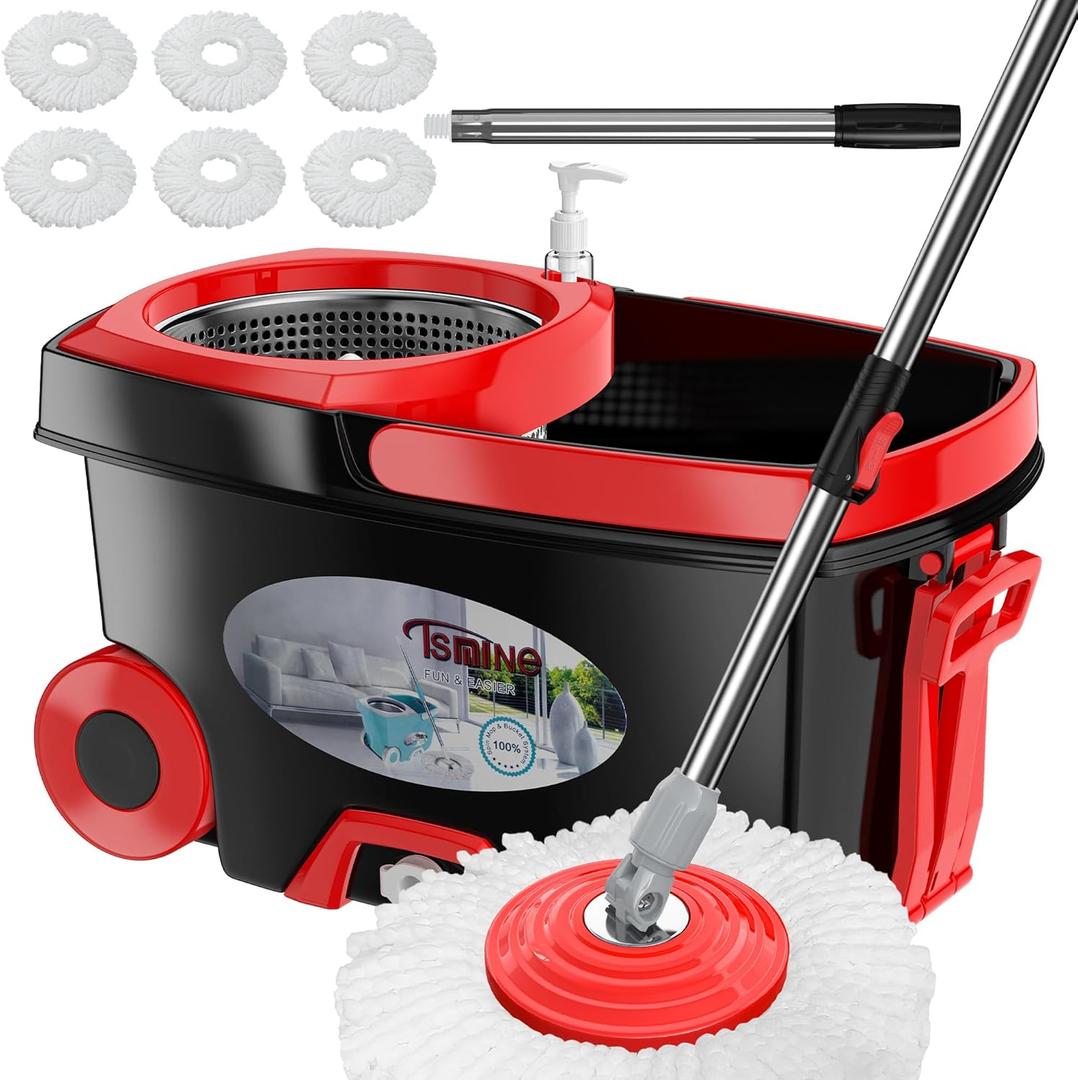 FunClean 360 Spin Mop and Bucket Set with Wringer, 6 Extra Microfiber Heads, 61" Extended Handle for Effortless Floor Cleaning, 2X Wheel Design - Black