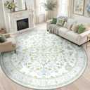 RELEANY Area Rugs Round 8ft Washable Non-Slip, Floral Vintage Distress Medallion Carpet for Living Room Bedroom Dining Room, Green White Blue
