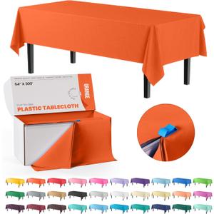 Party Solids 54 Inch X 300 Feet Orange Plastic Table Cover Roll in A Cut - to - Size Box with Convenient Slide Cutter, Cuts Up to 36 Rectangle 8 Feet Plastic Disposable Tablecloths