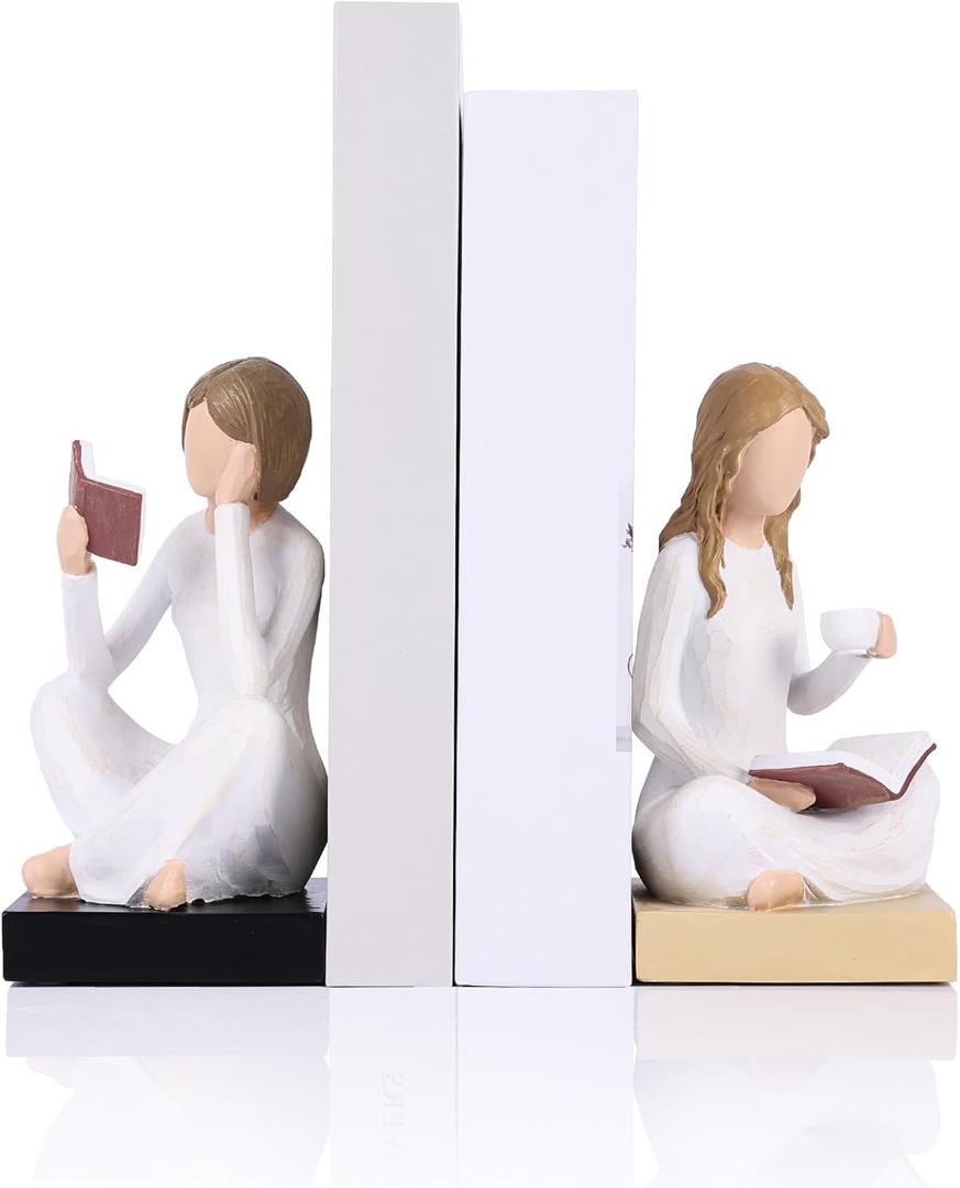 Reading Girl Bookends for Women, Resin Reading Woman Sculpture Bookends Set of 2, Aesthetic Bookshelf Decor for Home Office Library, Cute Feminine Book Ends for Book Lovers Gifts (Beige)