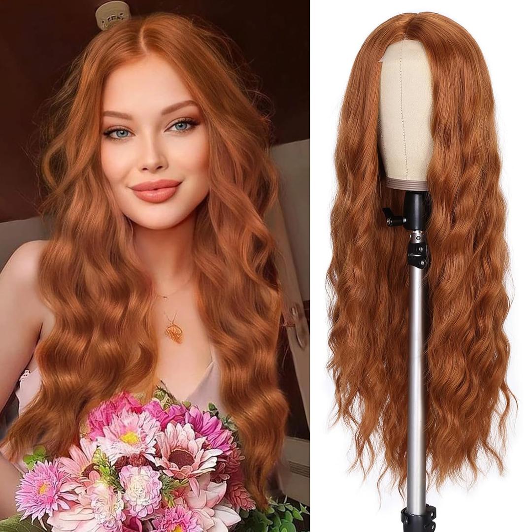 Lady Miranda 28 Inch Long Ginger Wig Synthetic Fiber Auburn Color Long Wavy Wig Body Wave Wigs for Women Natural Middle Part Wigs For Daily Life (Ginger, 28 Inch)