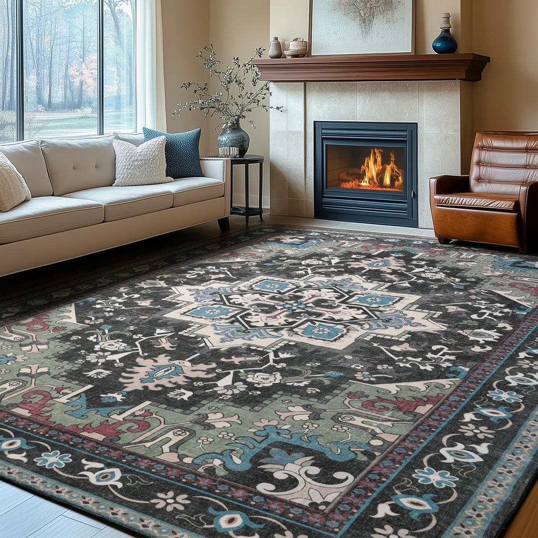 Rugflix 8x10 Area Rugs Machine Washable, Dark Green Carpet for Living Room, Oriental Indoor Area Rug Low Pile, Large Soft Thick Carpets Non Slip, Farmhouse Vintage Rug for Bedroom Dining Room