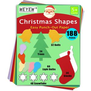 Punch Out Paper Cutouts in Holiday Colors, 188 Pieces Snows, Trees, Stockings, Light Bulb, Bells, Cardstock for Children Craft Kindergarten, Classroom, and Christmas Party Decorations