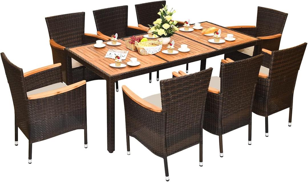 DORTALA 9-Piece Patio Dining Set, Acacia Wood & Rattan Furniture Set with 8 Cushioned Stackable Armrest Chairs and Table, Outdoor Table & Chair Set for Backyard, Garden, Poolside (Brown)